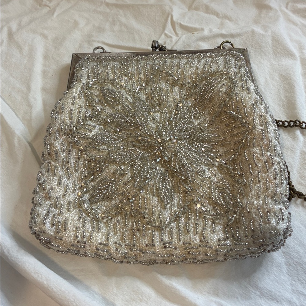 Cream Silver Beaded Bag with Sparkling Snowflake Design